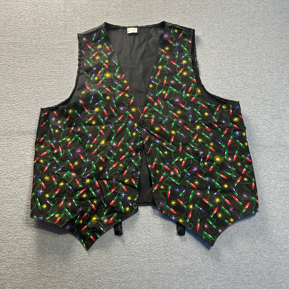 Christmas Lights Novelty Vest Mens XL Black Holiday Cotton Button Front Lined